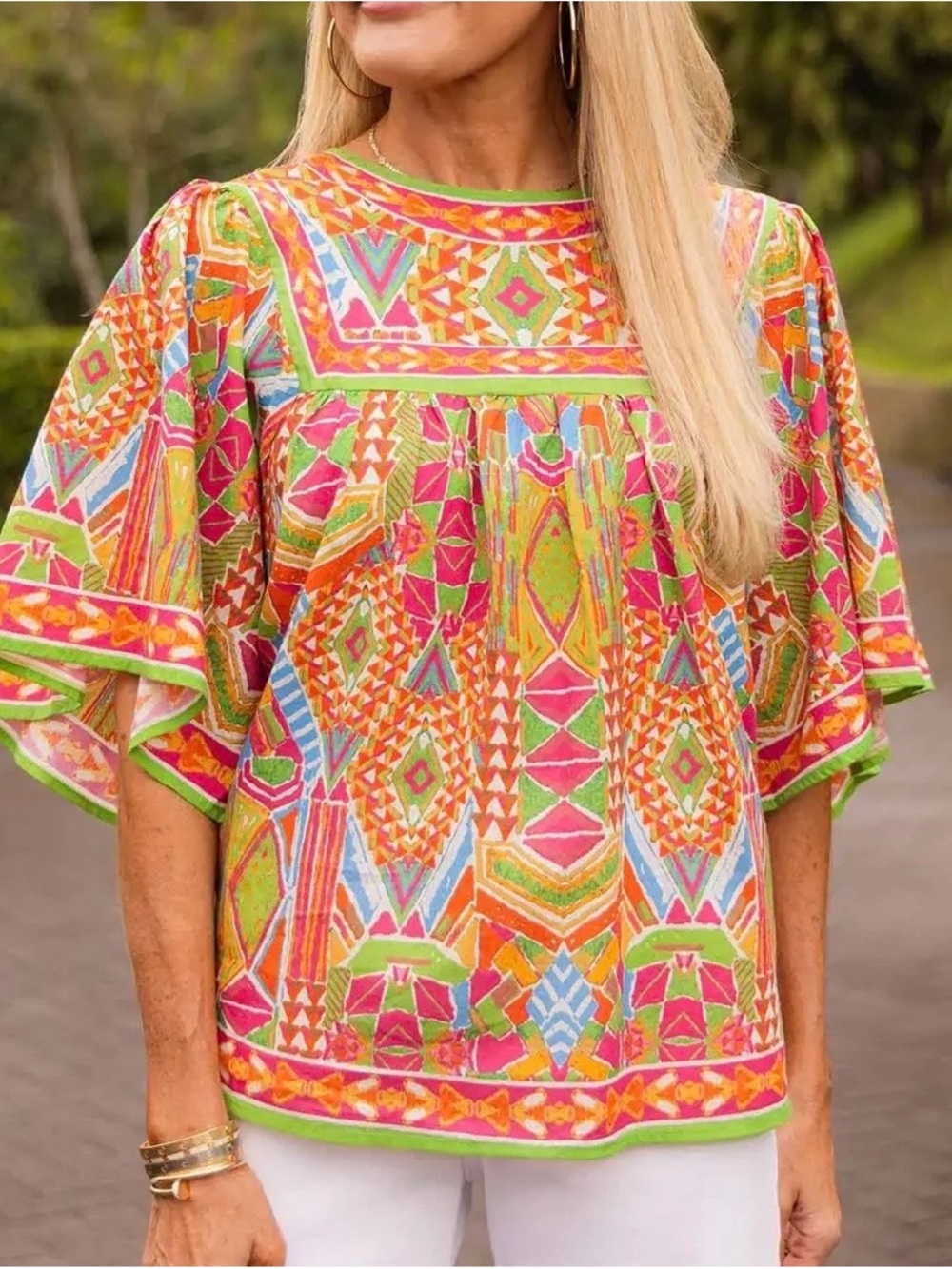 Avara Vibrant Geometric Flutter-Sleeve Top - Pink/Green